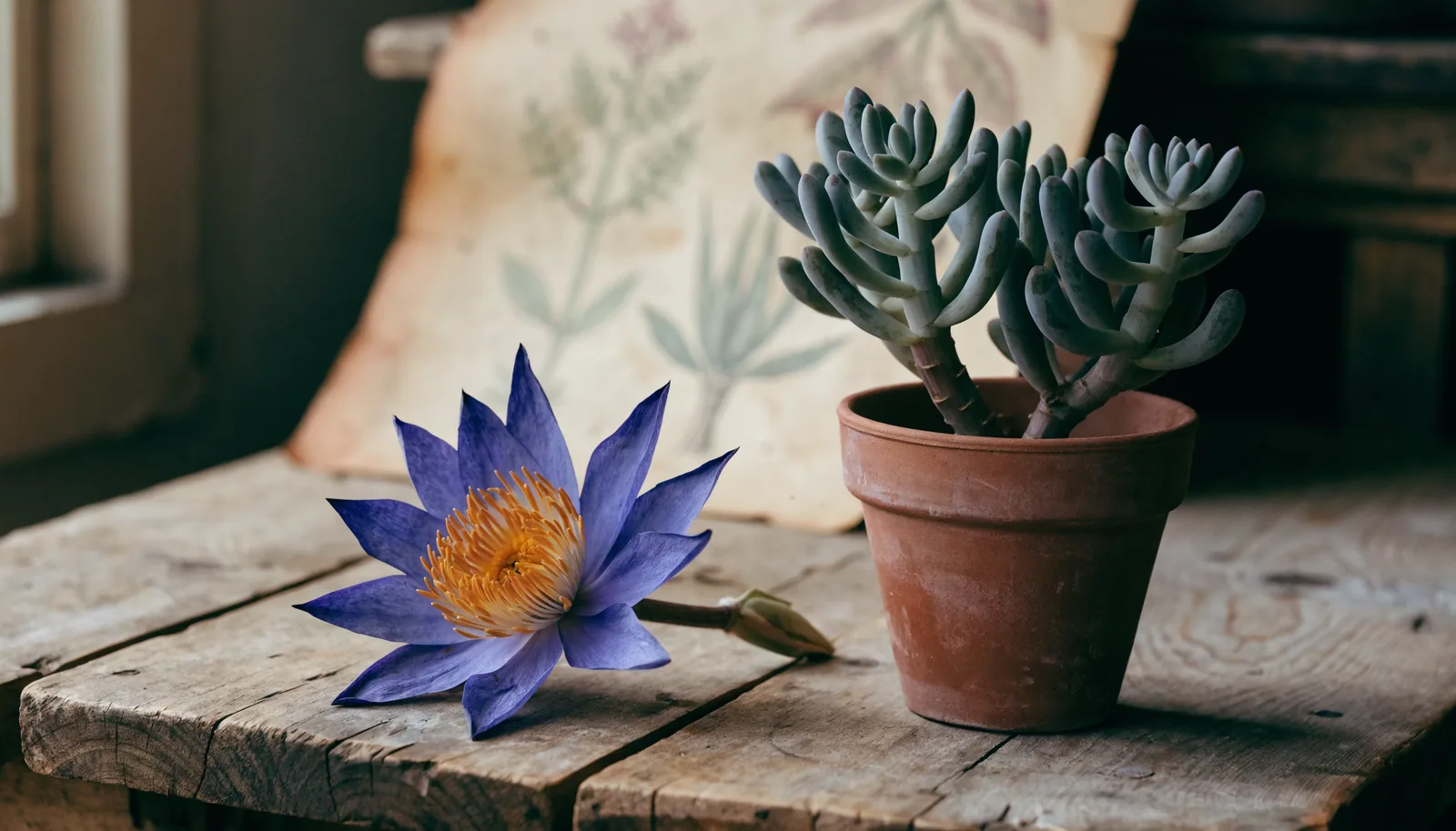 Suszony kwiat blue lotus (Nymphaea caerulea) obok żywego sukulenta kanny (Sceletium tortuosum)